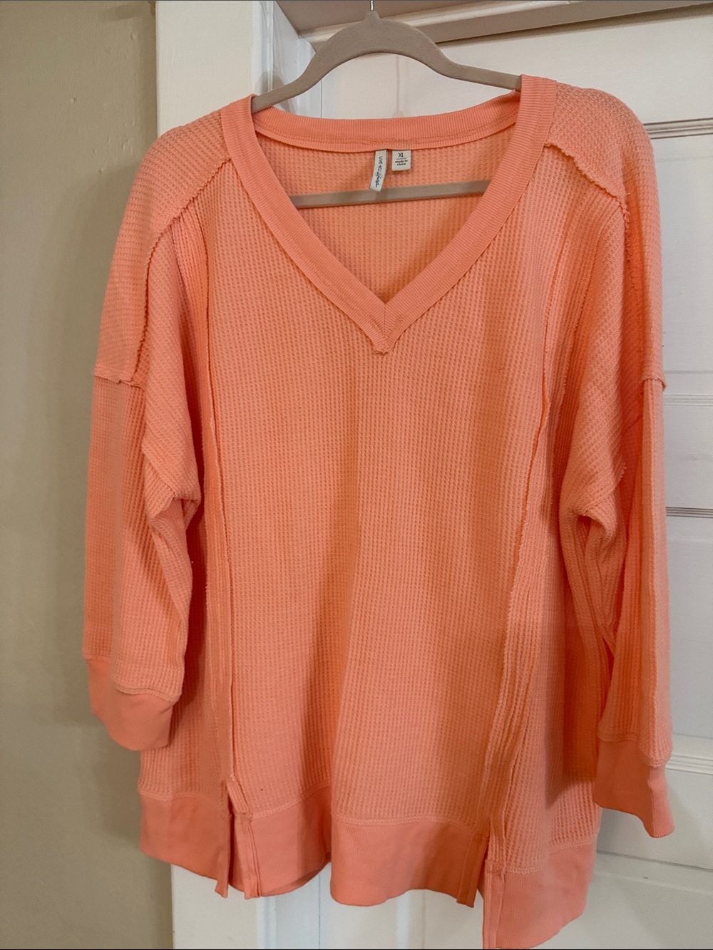 Live Well Relaxed V-Neck Waffle Tunic in Coral 3/4 Sleeves Sz XL